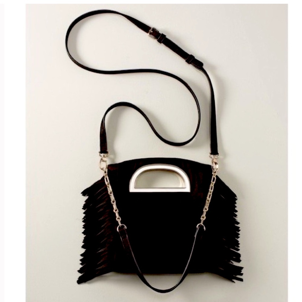 NWOT White House Black Market - Black Fringe Faux Suede Crossbody Bag